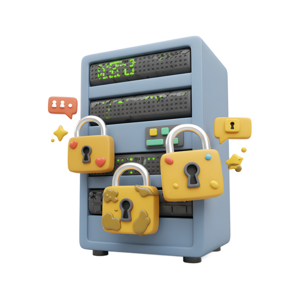 A data server protected with yellow padlocks ensures the safety of sensitive information, making it suitable for security related designs. png