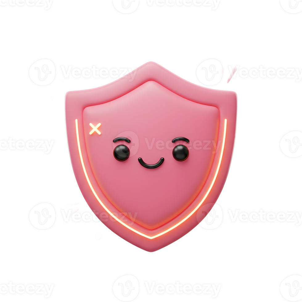 A pink shield with a cute face and glowing border is isolated on white, perfect for security design mockups. png