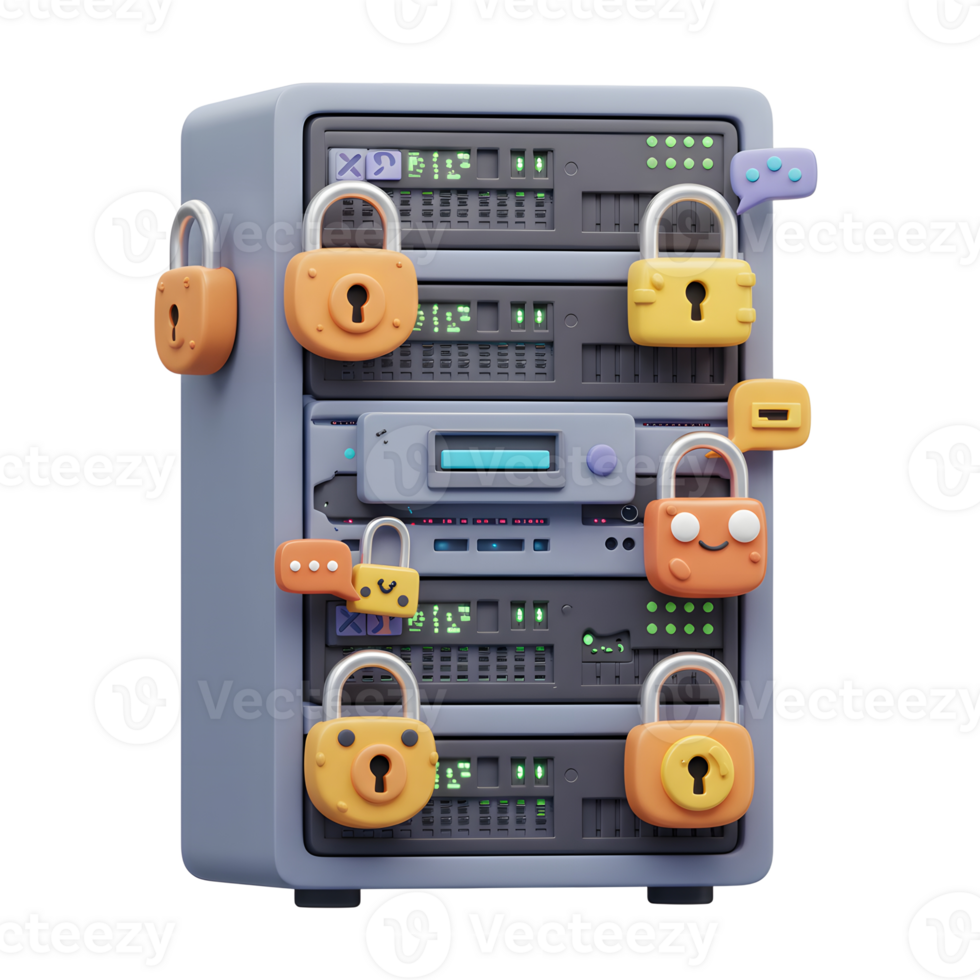 A server rack is secured with padlocks and surrounded by digital communication icons, showing the protection of data and secure online interactions. png
