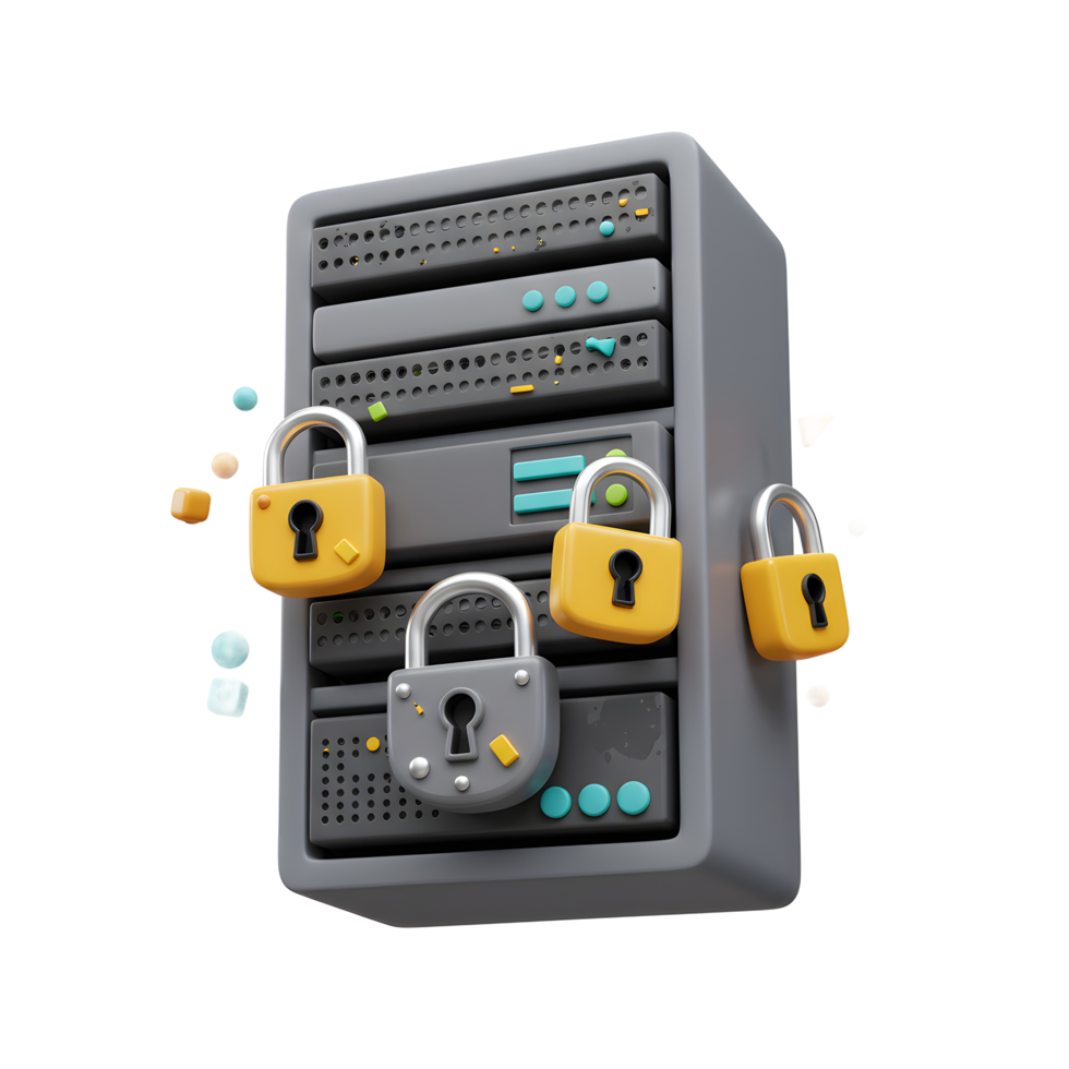 A server cabinet with padlocks illustrates secured data and privacy for safe information storage and access. png