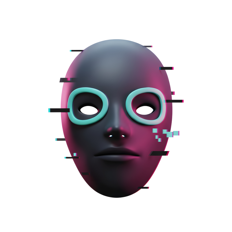 A dark mask with teal rings around the eyes is glitching, set against a white background for digital use. png