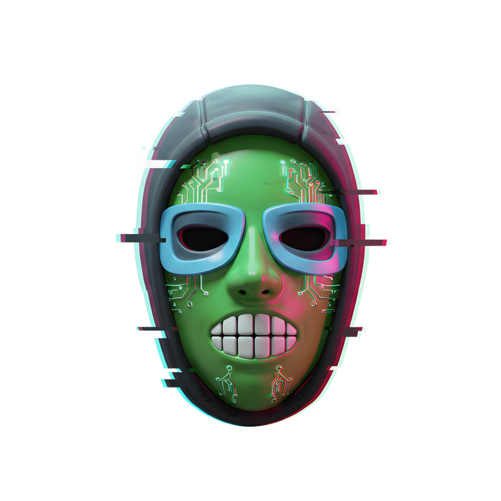 A green face mask with circuit patterns, blue glasses, and a grey hoodie has a distorted effect for graphic design projects. png