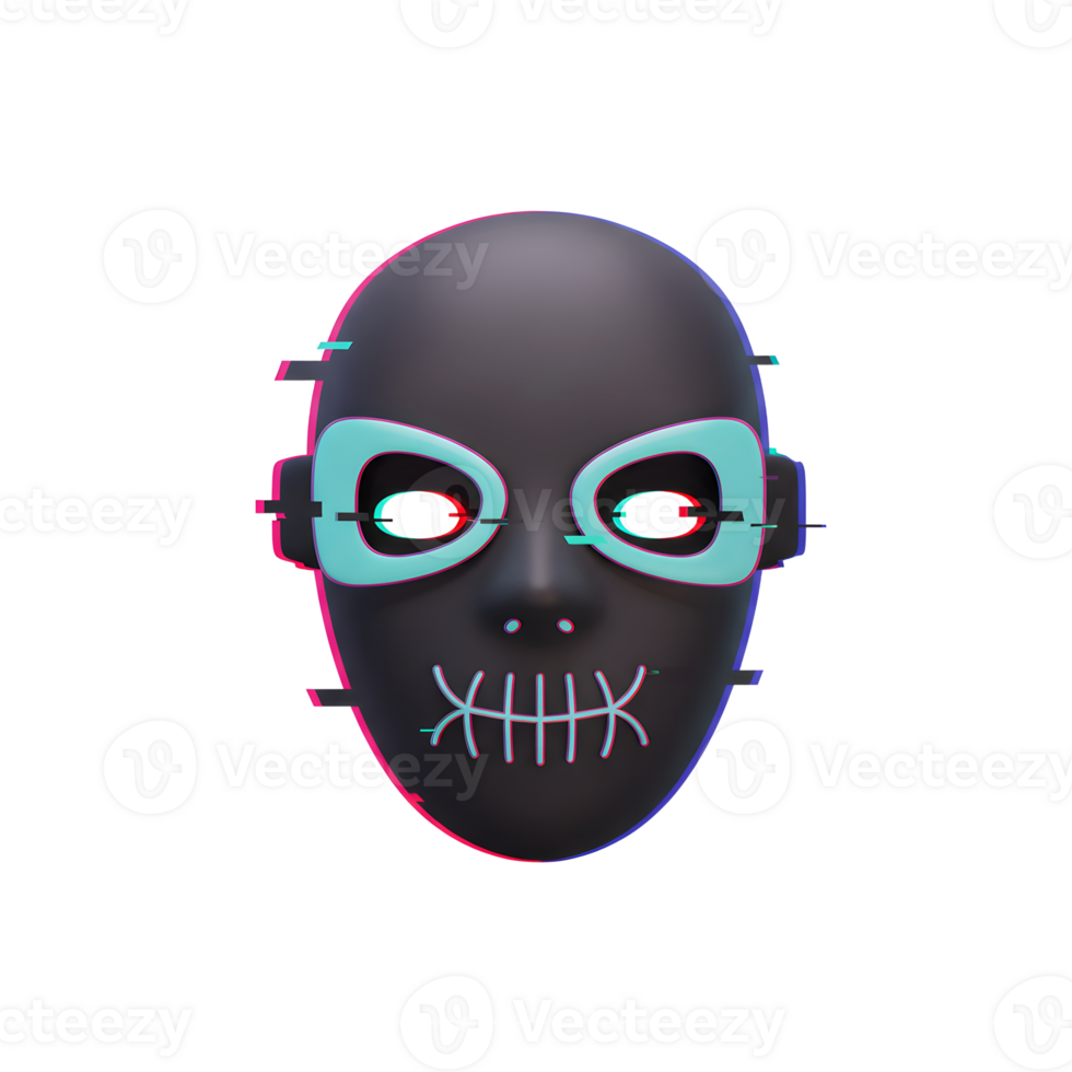 A glitching black mask with stitched mouth and neon eyes conveys a sense of dystopian mystery for costume or artistic purposes. png