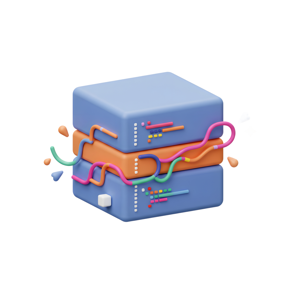 A colorful, 3D rendering of a server stack with stylized cables and decorative shapes suggests data connection and transfer, useful for depicting tech or network infrastructure. png