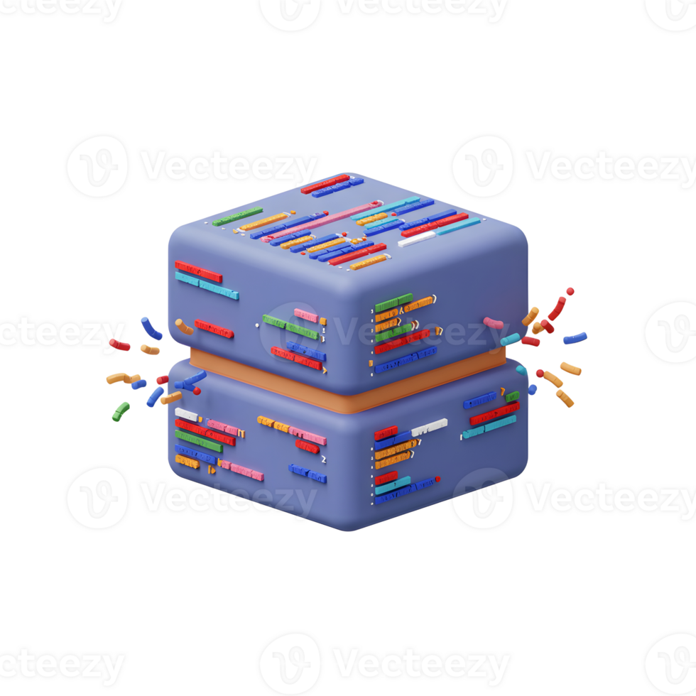 A stylized blue cube is decorated with colorful code snippets and small floating bars, suggesting a conceptual representation of data or software development process. png