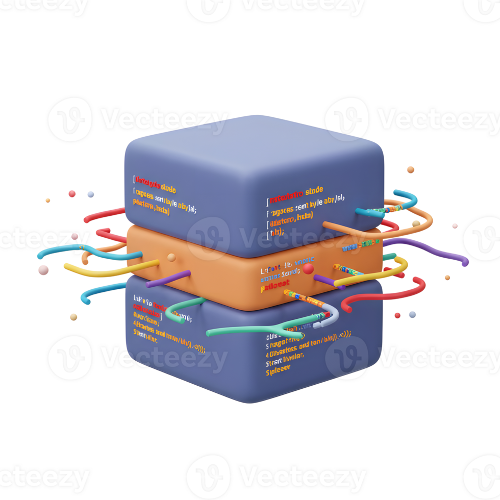 Abstract stacked blocks displaying code snippets are connected by colorful wires, suitable for illustrating data flow or programming concepts. png