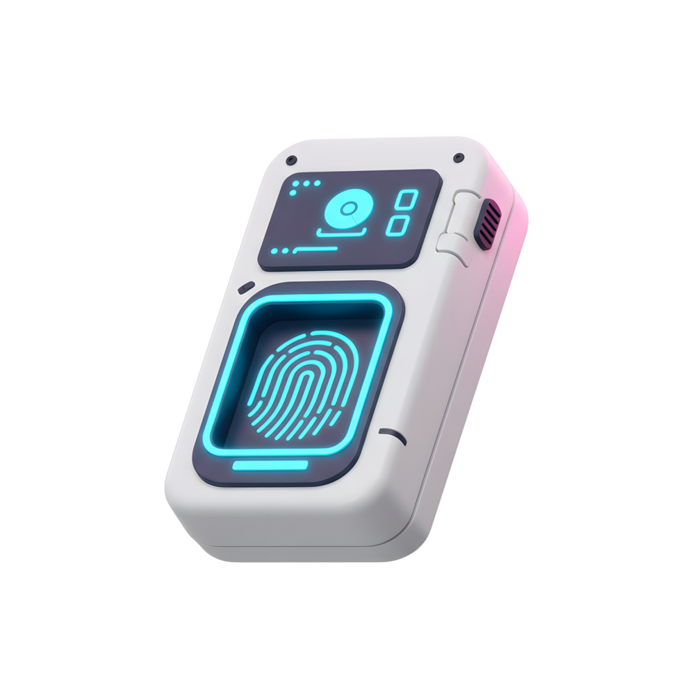 This is a futuristic fingerprint scanner with neon light accents, often used for security or personal identification. png