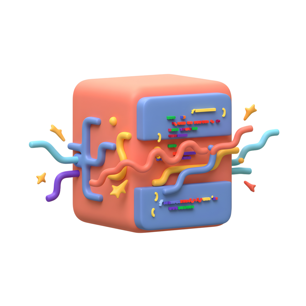 A soft colored cube has lines and stars seemingly connected with blue rectangles containing colored coding symbols, suggesting a conceptual representation of interconnected data and processing. png