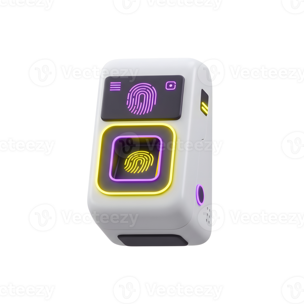 Futuristic fingerprint scanner displayed with a vibrant neon border is used to enhance secure identification. png