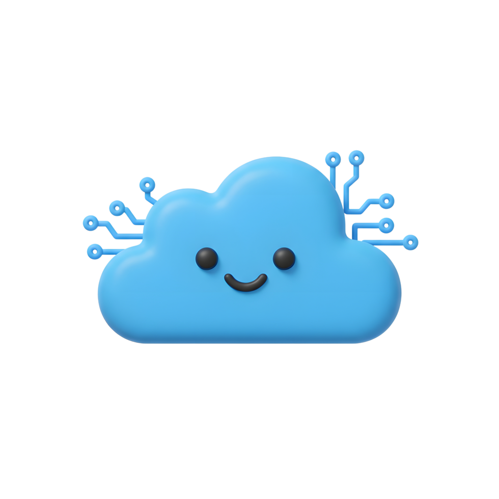 A friendly blue cloud with a smiling face and integrated circuitry illustrates data and technology concepts for presentations or websites. png