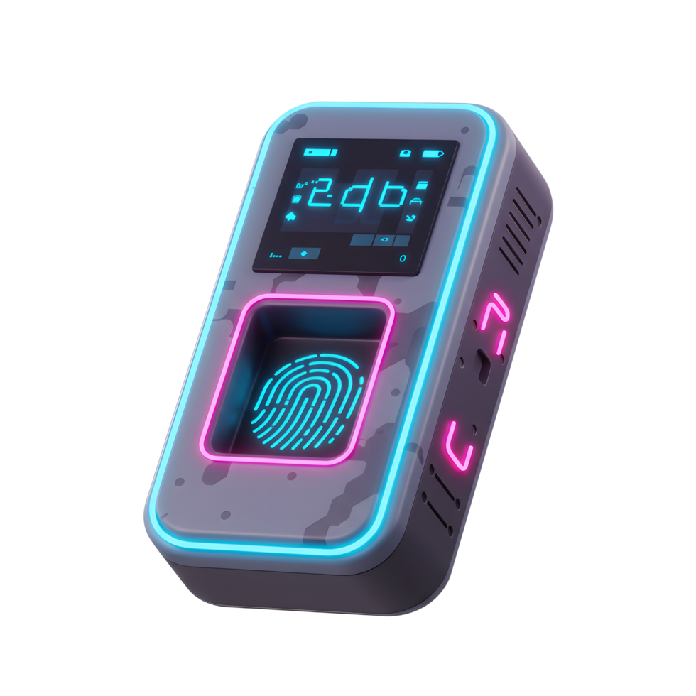 A grey device displays data on a screen and features a fingerprint scanner surrounded by neon lights, likely for security or identification purposes. png
