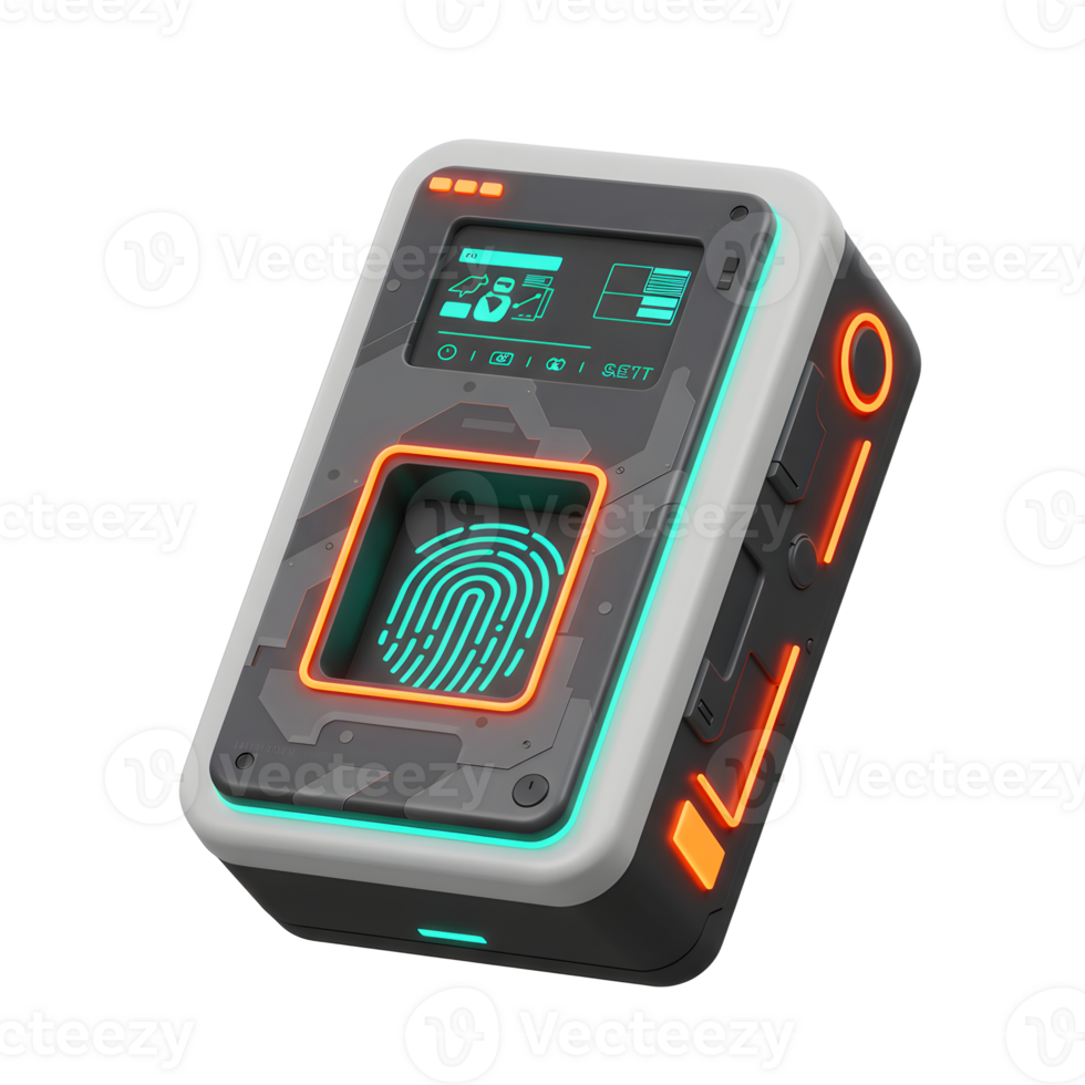 Close up shows a futuristic device with fingerprint scanner, digital display, and neon lights, which can be used for security or identification purposes. png