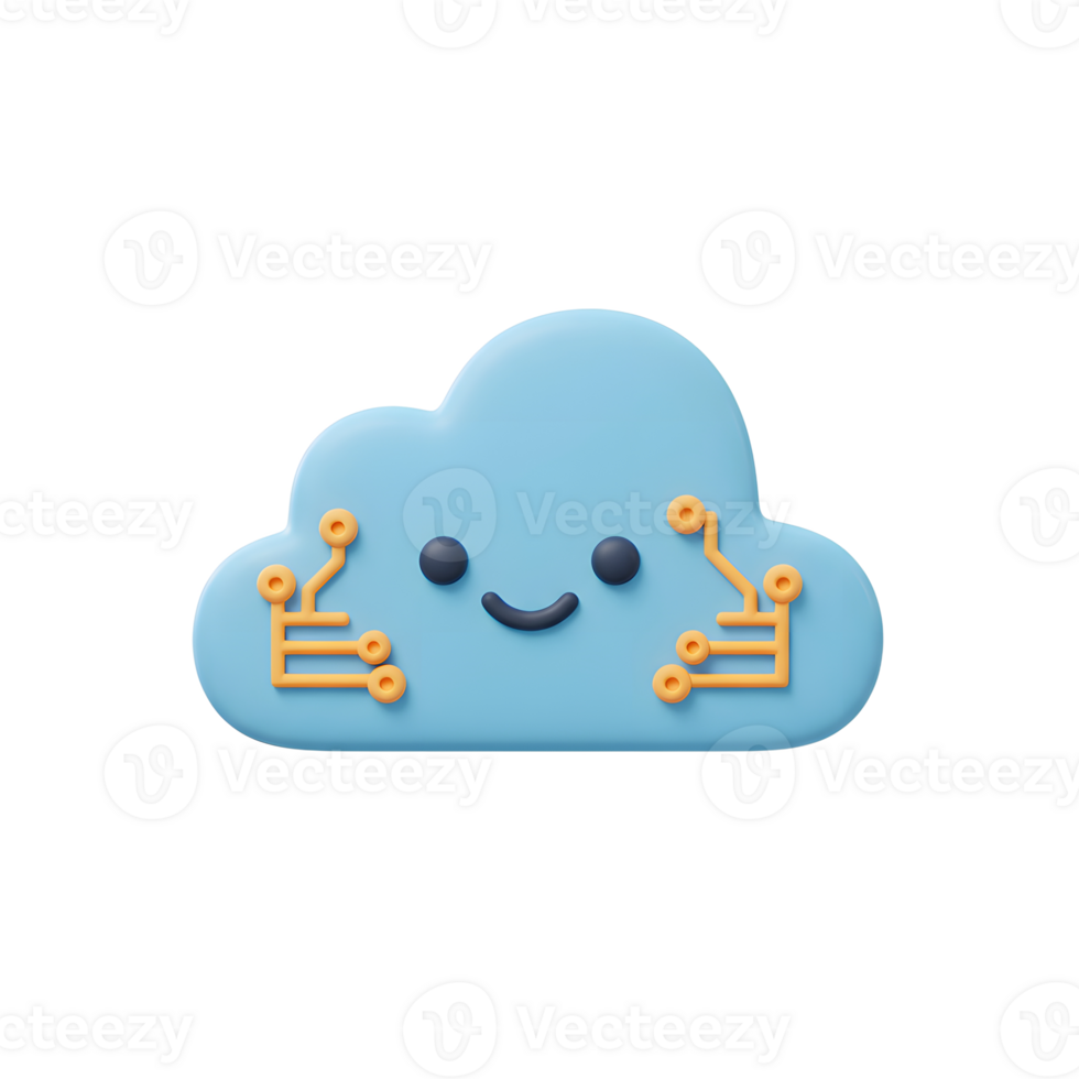 A light blue smiling cloud decorated with orange circuit patterns is presented on a white background, ideal for showcasing tech or cloud solutions. png