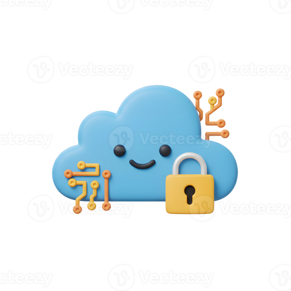 A blue cloud with a smiling face is secured by a golden padlock and circuit board elements, providing a fun illustration for data security concepts. png