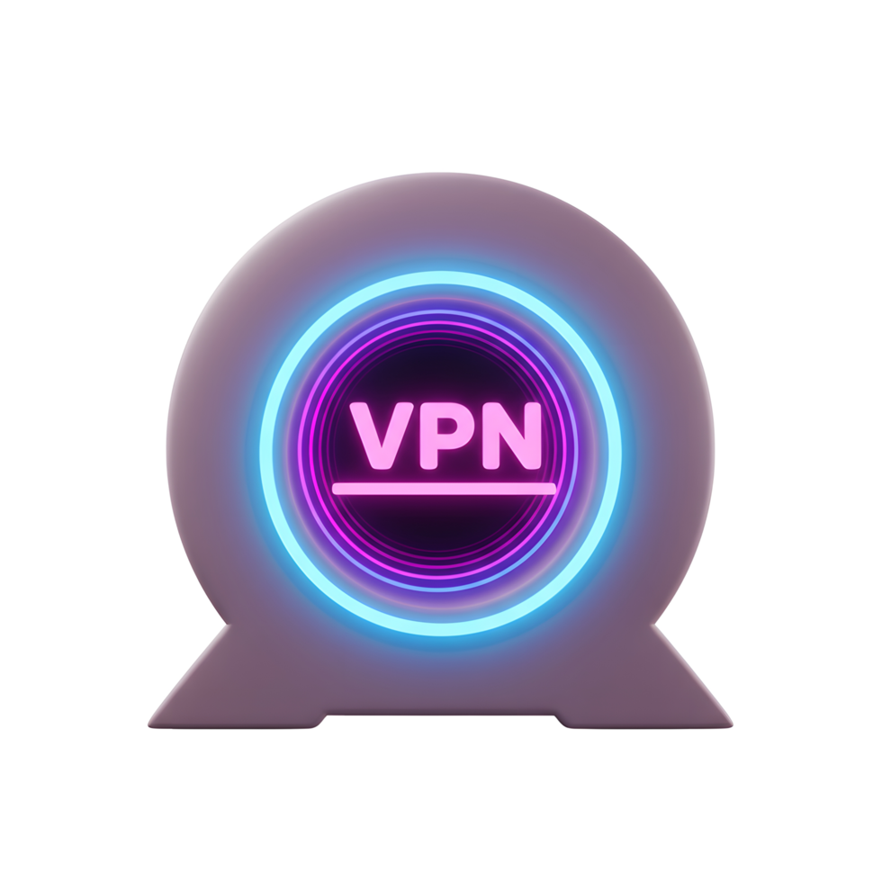 A purple VPN icon is surrounded by neon rings to represent internet security for online browsing. png