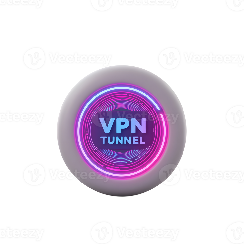 A glowing neon orb displays VPN tunnel concept with blue and pink light rings, showing a secure connection. png