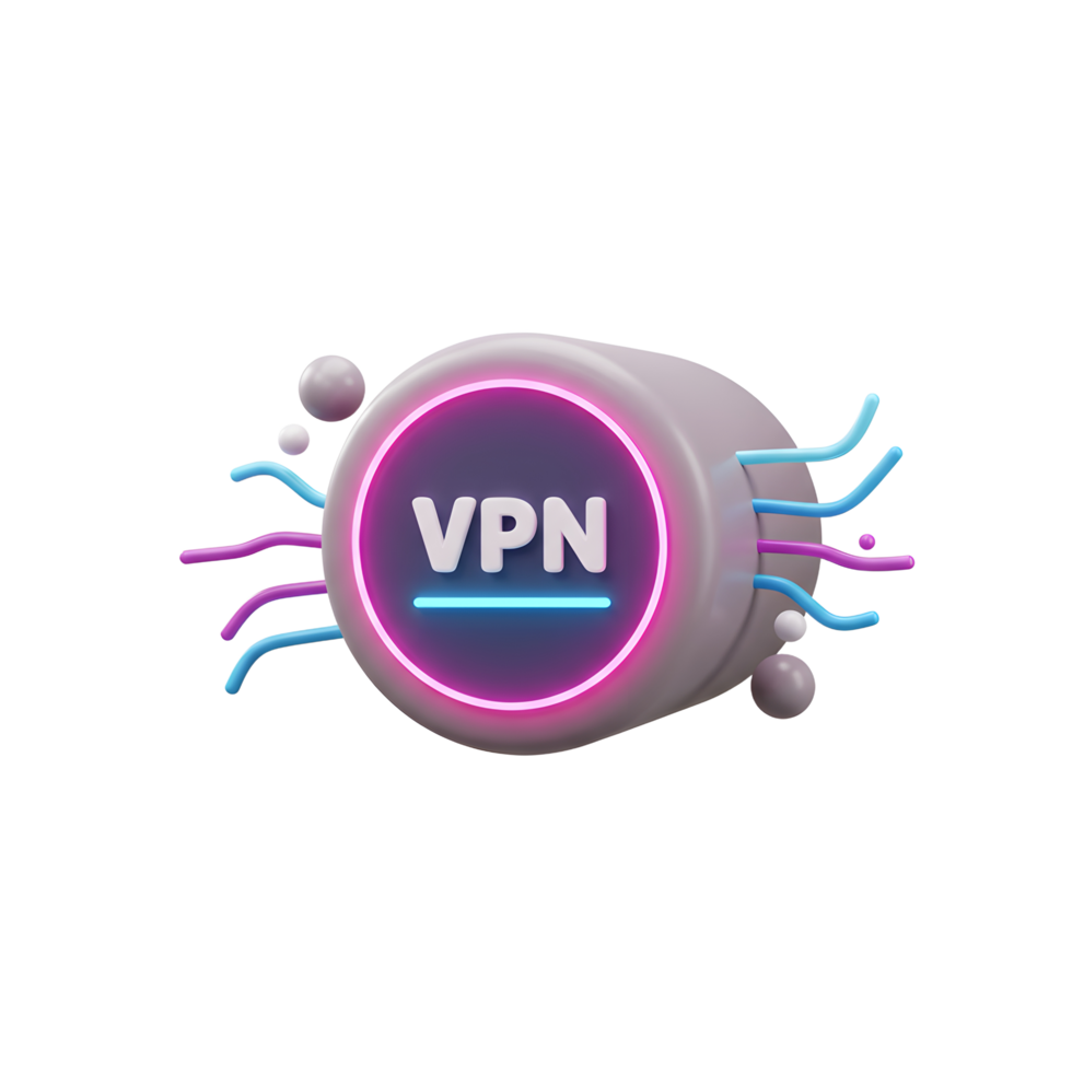 A 3D illustration of a VPN symbol with neon lights and connections on a white background symbolizes internet security and data protection for network access. png