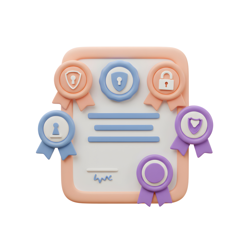 Stylized illustration of a certificate with seals and ribbons, suitable for demonstrating security and achievement. png