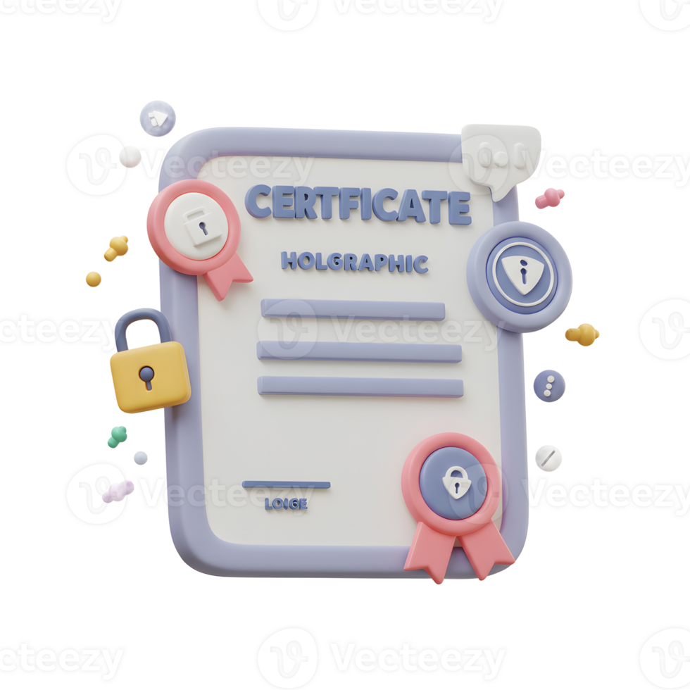This 3D render shows a holographic certificate with locks and speech bubble, making it ideal for illustrating concepts of security and digital authentication. png
