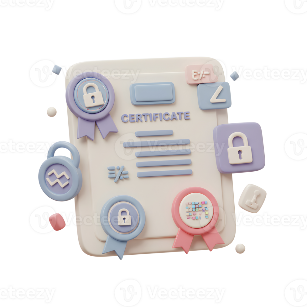A stylized certificate with lock icons and ribbons represents security and achievements, suitable for websites and promotional material. png