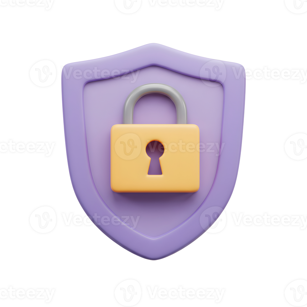 Lilac shield with a gold lock on top represents protection and security, often used to secure data and privacy. png