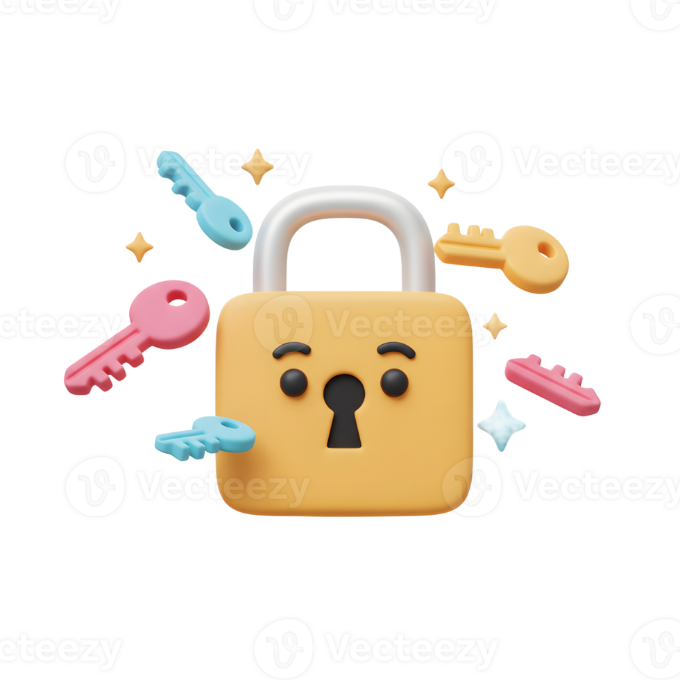 An illustration showing a padlock with a keyhole face, surrounded by colorful keys and stars, suitable for secure access depiction. png