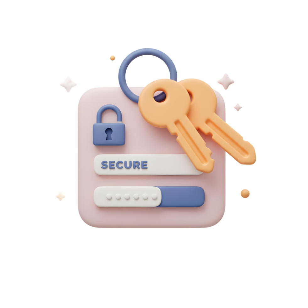 Stylized 3D render features a padlock keys secure login with progress bar, signifying authentication access for data security. png