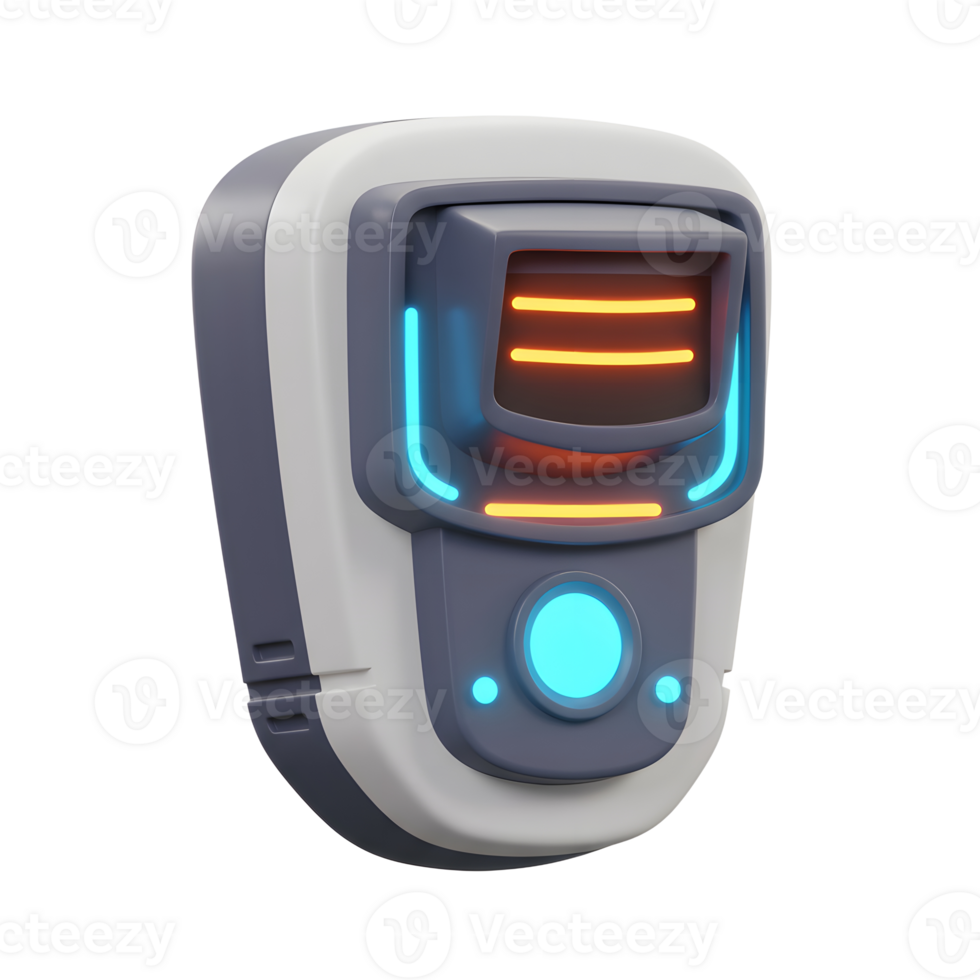 A gray and white futuristic device features a screen with orange lines and blue glowing elements, potentially used for communication or data display. png