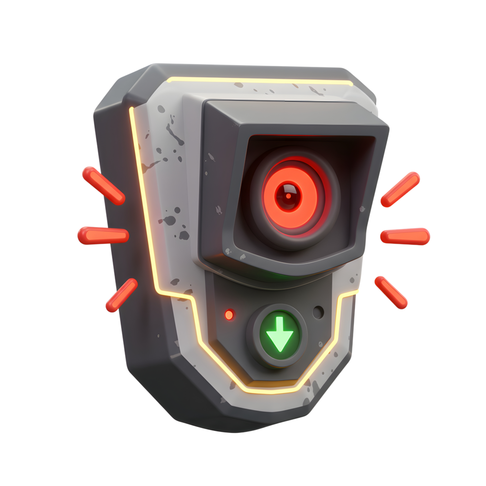 A gray security camera with a red lens and a green arrow pointing down is displayed, which can be used for safety and security purposes. png