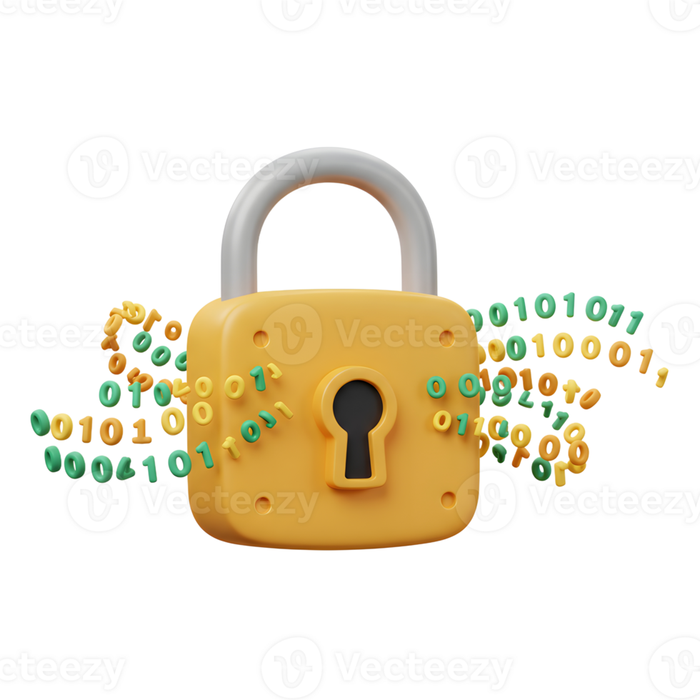 A yellow padlock is surrounded by binary code numbers to represent digital security and encryption. png
