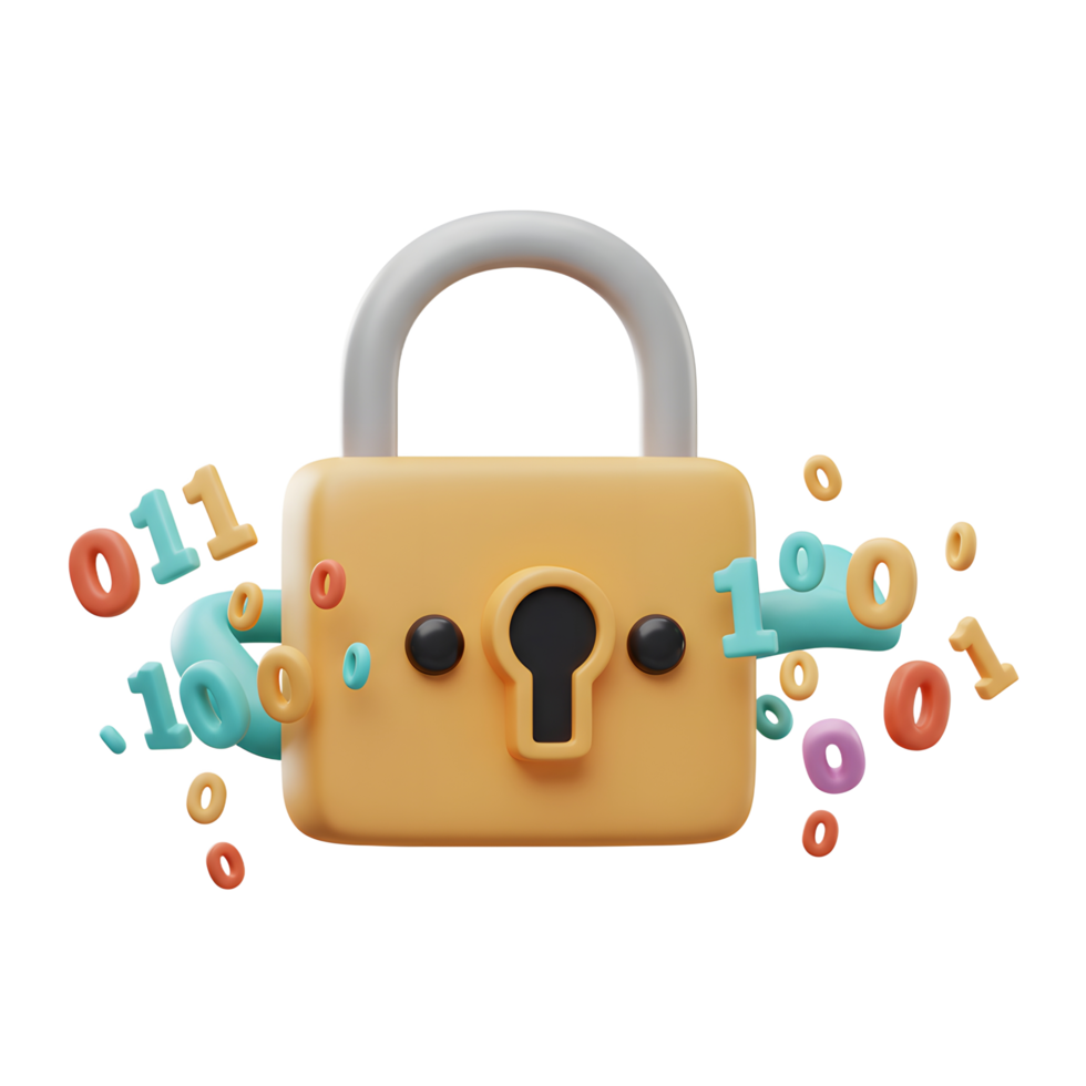 A yellow padlock is surrounded by floating binary code, suggesting digital security and data protection. png