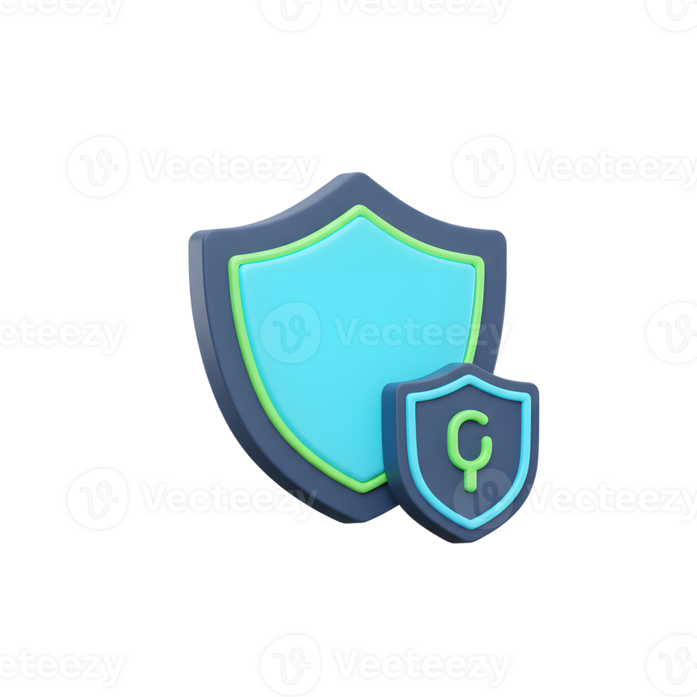 Two shields are rendered in a 3D style, with the smaller one displaying a green character, suggesting security features for a website or application. png