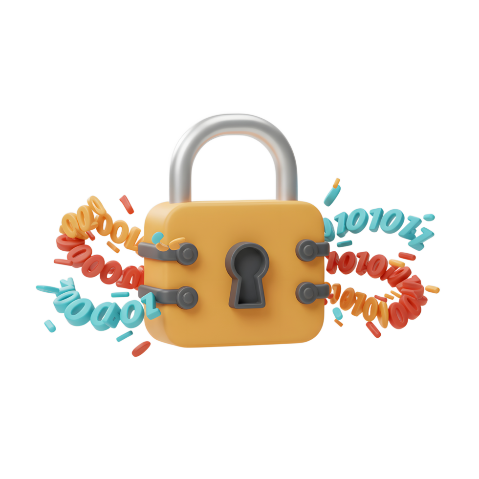 An illustration of a yellow padlock has numbers surrounding it, creating an abstract digital security concept for online protection. png