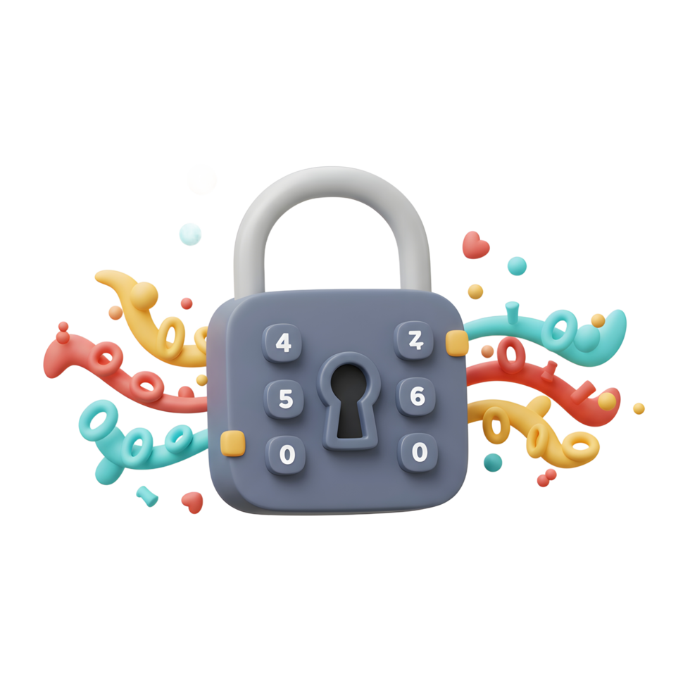 A grey padlock with numbers and colorful spirals flows from it, suggesting unlockable security, good for illustrating digital safety. png