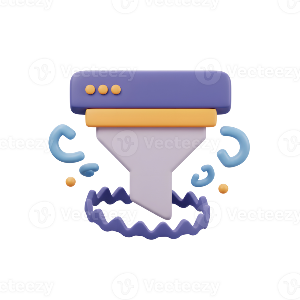 3D illustration of a funnel and filter element represents data filtering and selection processes, commonly used in data analytics and system configuration. png