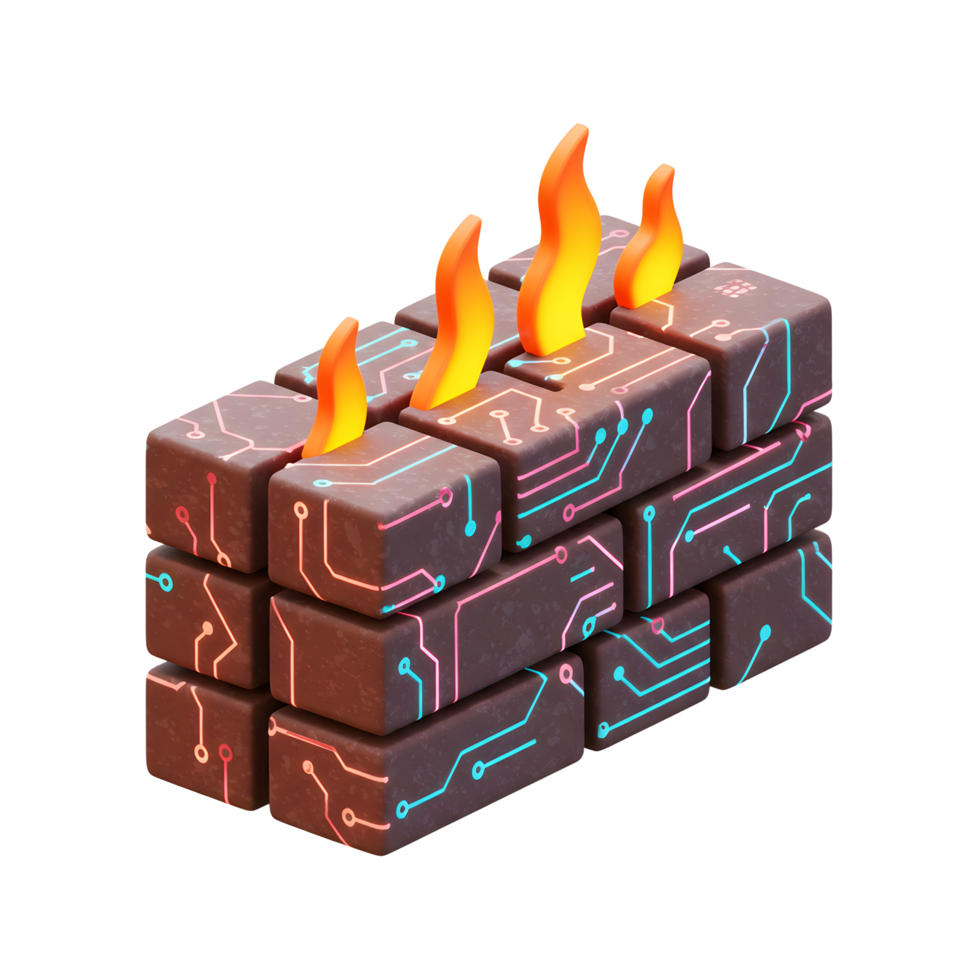This illustration depicts a firewall constructed of circuit board bricks, with flames erupting from the top, representing digital security in use for data protection. png