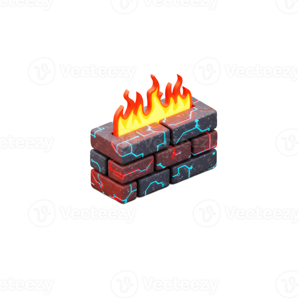 A brick wall with embedded circuit patterns has a bright fire atop it, ideal for representing a technological security barrier. png