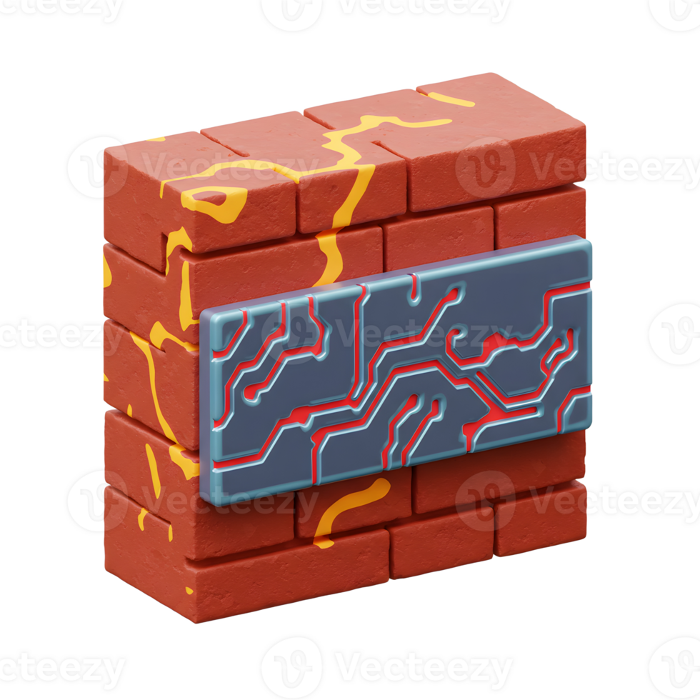 A red brick wall features a modern gray panel with red circuit patterns, showcasing a blend of classic structure and futuristic design for decorative purposes. png