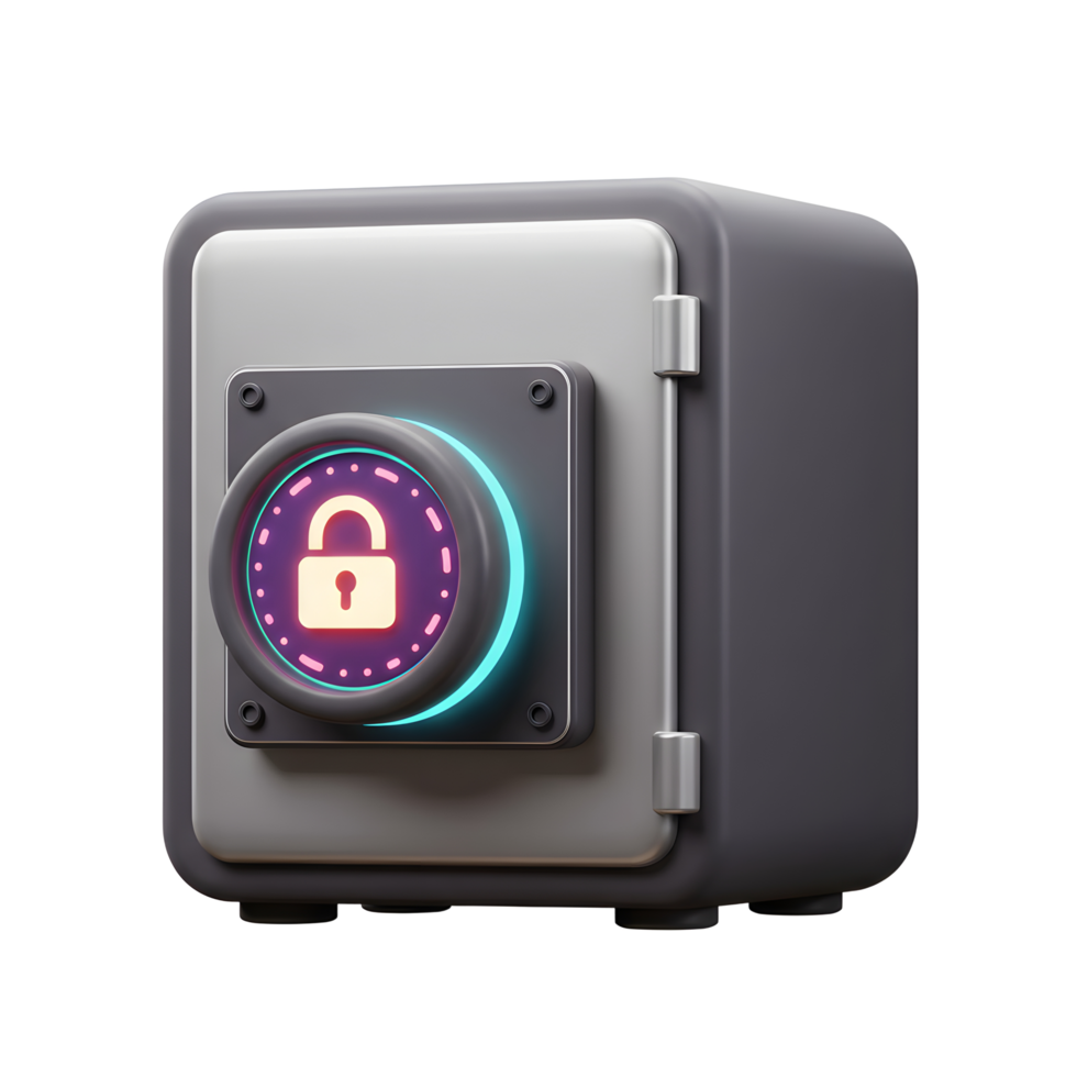 A metal safe features a digital lock with a lit padlock symbol, indicating security for storing valuables. png