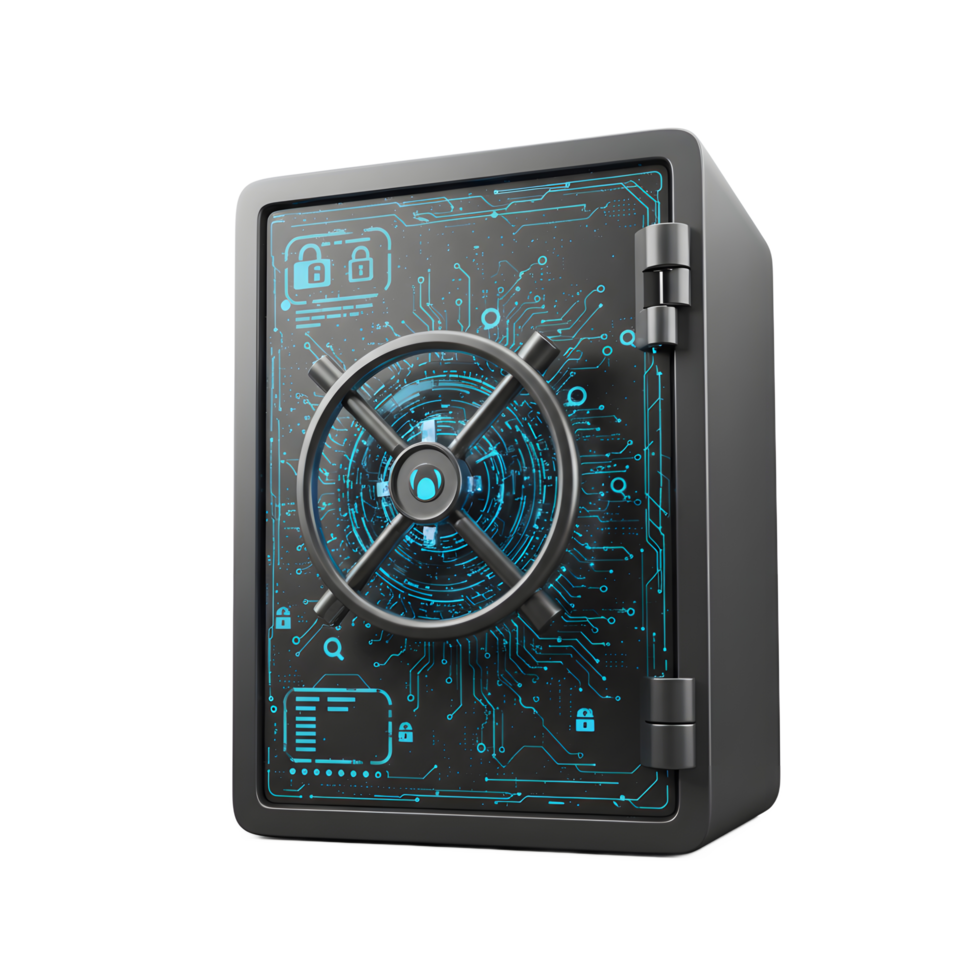 A digital safe with a combination lock is displayed, decorated with an electronic circuit design and illuminated by blue light, ideal for secure data storage. png