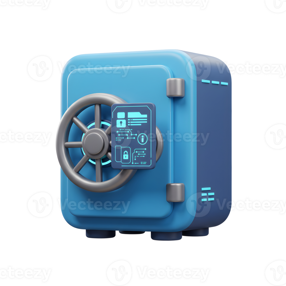 A blue safe featuring a wheel handle and an informational panel showcasing file directory and lock icons for secure storage. png