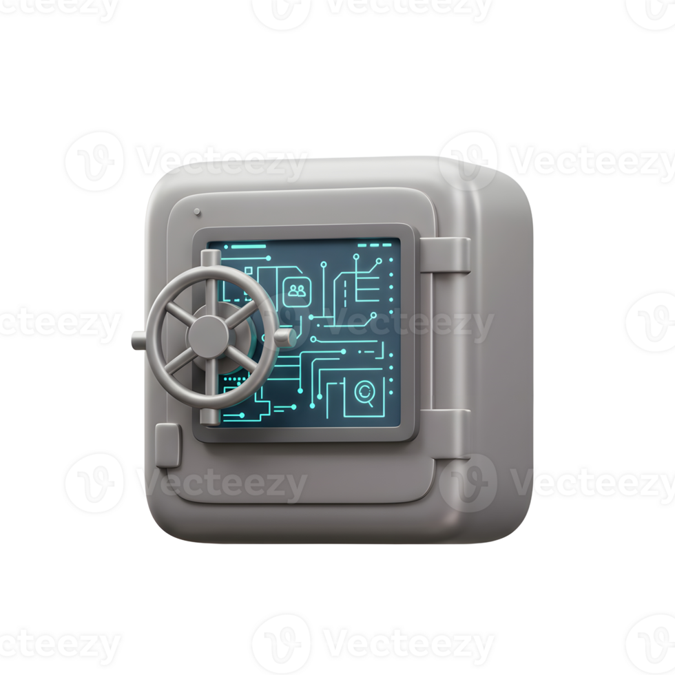 A gray digital safe with a circuit board graphic displays security, representing a secure vault or container for digital assets and data. png