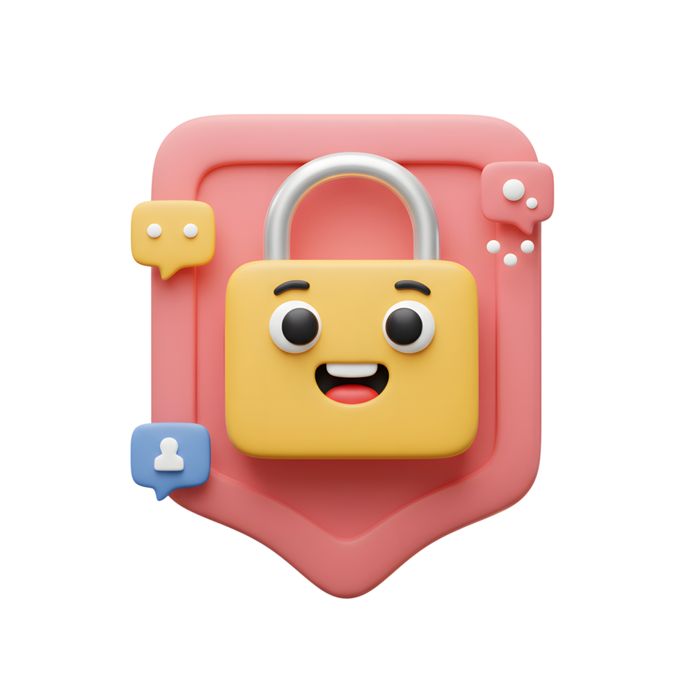 A cartoon style lock icon is secured on a shield with social media style notifications, illustrating digital safety and protection. png