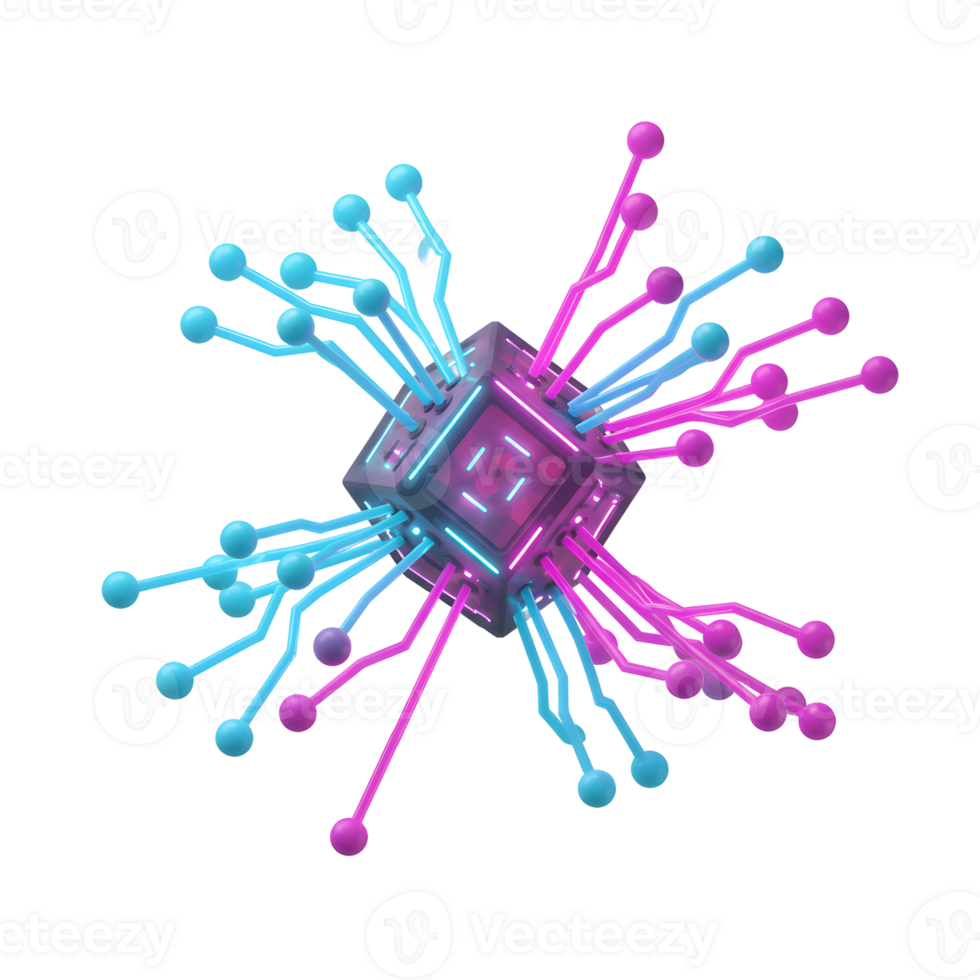 This 3D render depicts a cube shaped electronic component with glowing neon accents and blue and pink wires extending outward, suggesting a modern and futuristic element for technological designs. png