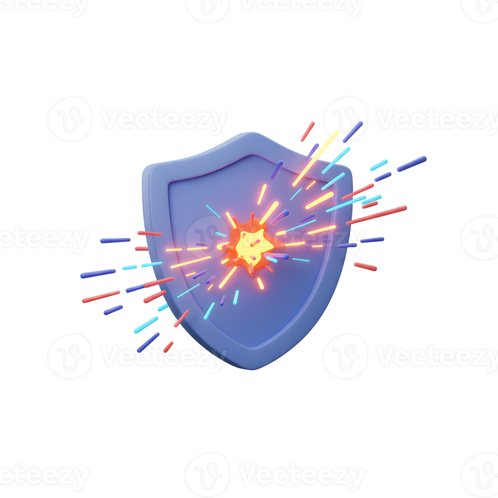 A 3D cartoon shield resists a blast of colorful sparks, symbolizing protection against threats or challenges. png