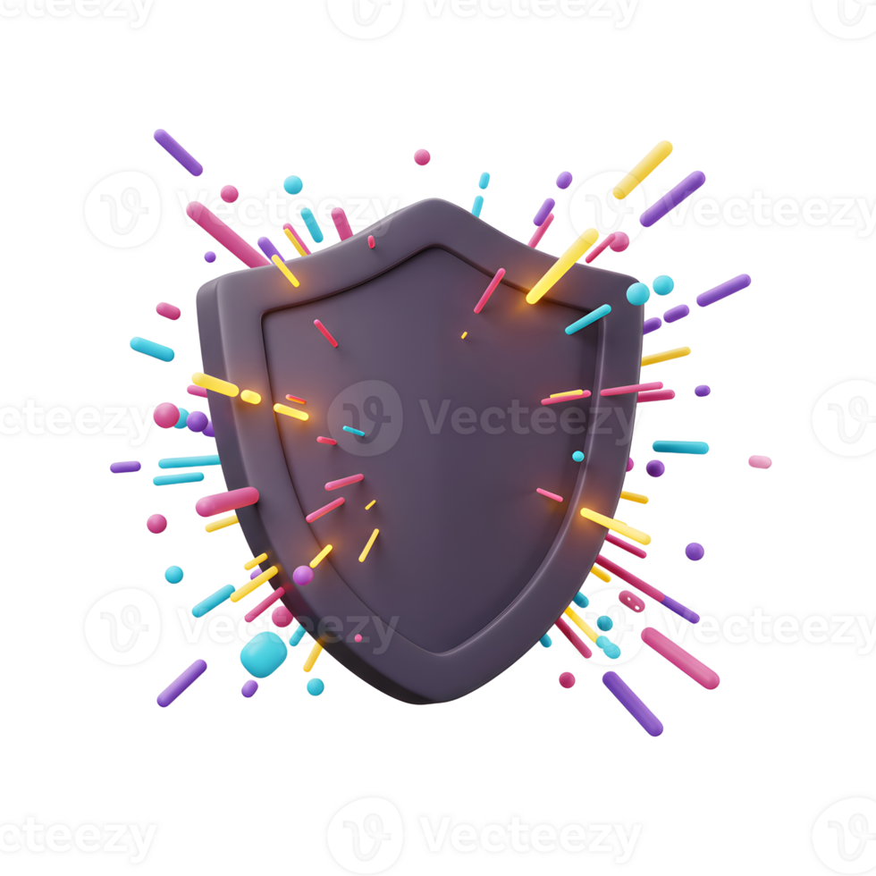 A dark grey shield is surrounded by colorful shapes of different sizes and forms on a white background, ideal for abstract designs. png