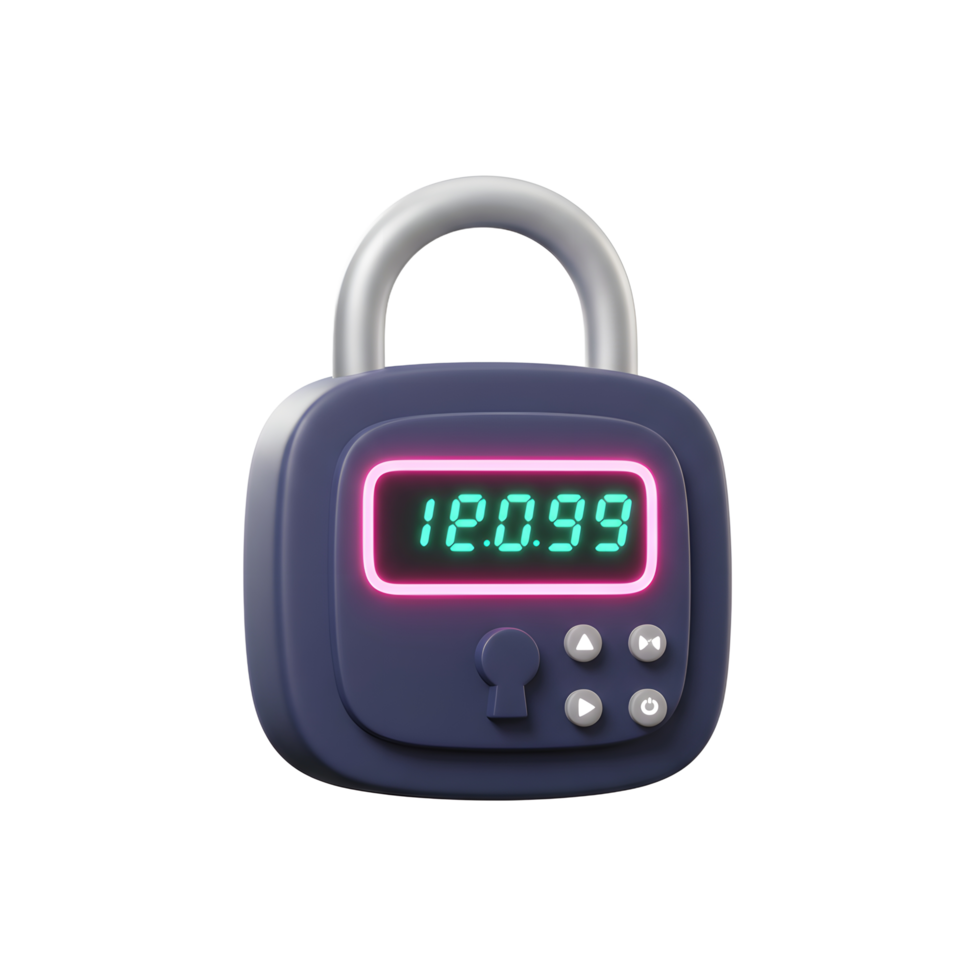 A blue digital padlock displays a glowing number with neon pink lining, ideal for representing time sensitive security or access control. png