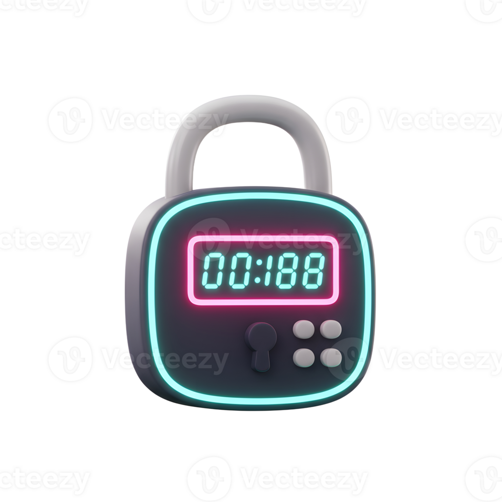 A dark gray digital padlock with glowing neon accents displays a timer for secure access, indicating secure storage. png