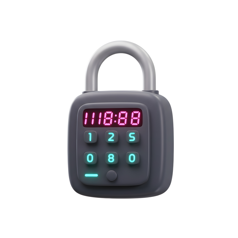 A grey digital lock with an illuminated keypad displays the time 11 18 88, often used for securing access. png