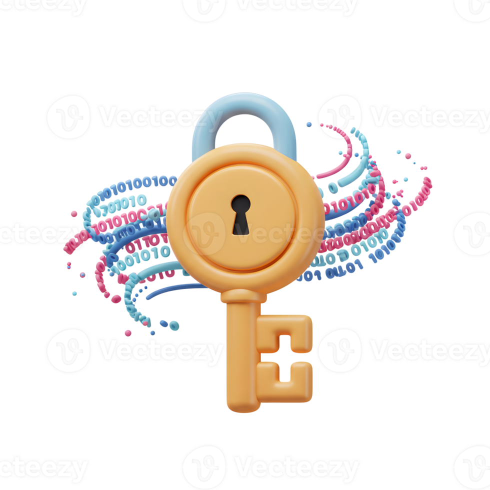 An orange and blue key unlocks a colorful stream of digital data, representing security and privacy for online information. png